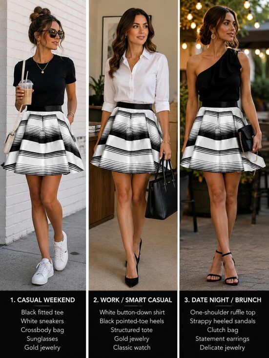 Dear Moon Dresses & Skirts - Black & White Striped Fit-and-Flare Skirt • Flowy A-Line • Boutique-Style  Sz 7